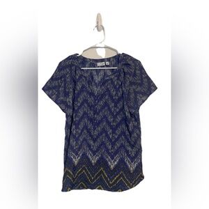 Womens Kim Rogers Petite Blouse Size PM Top V Neck Shirt Geometric Print